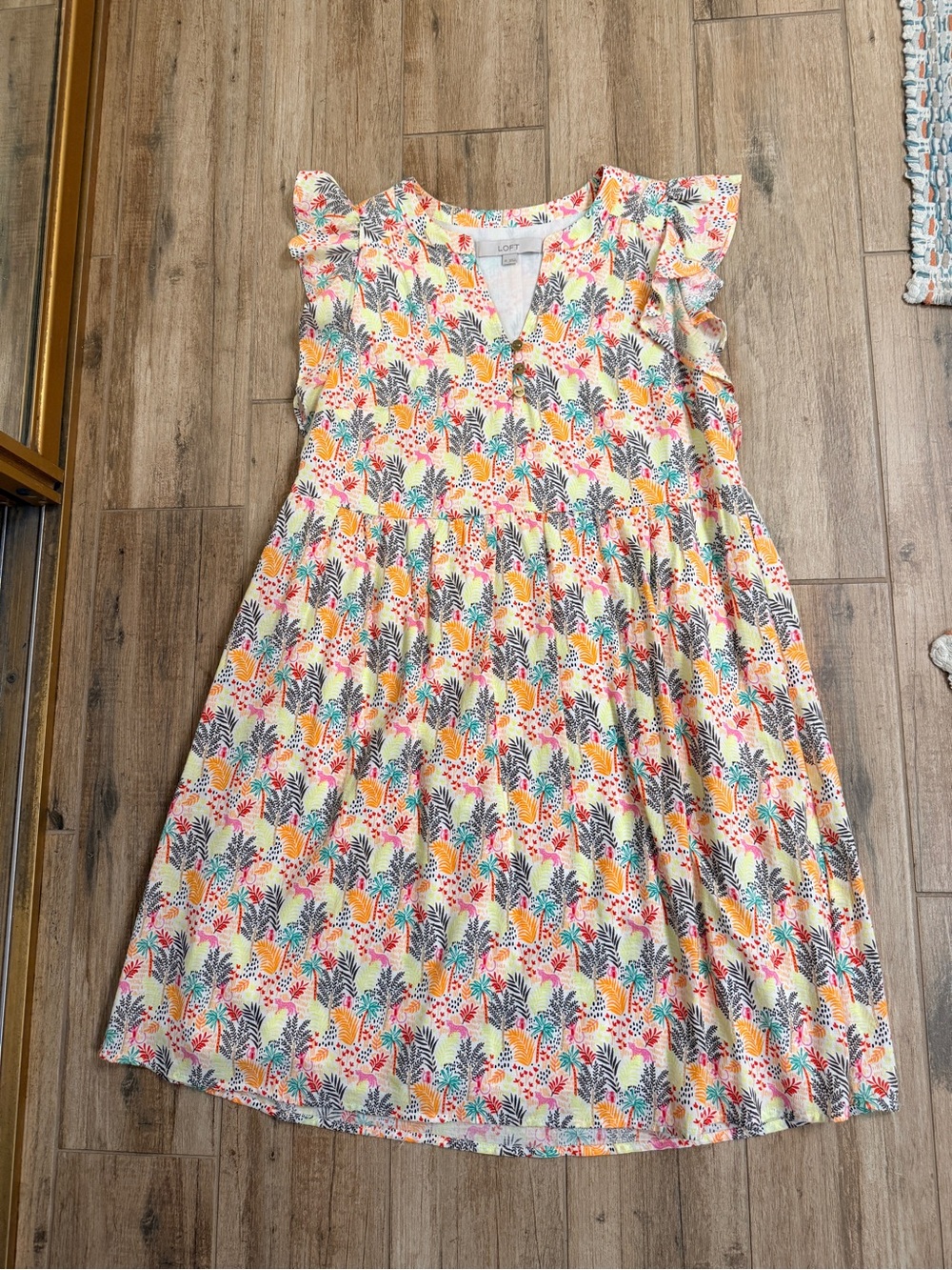 LOFT Cream Floral Flutter-Sleeve Dress with Pink, Yellow & Blue Accents